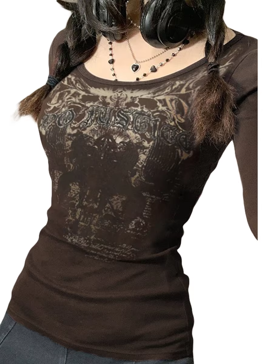 Graphic Tees for Women Vintage Grunge Brown Clothes Y2k Shirt Basic Long Sleeve Round Neck Tops Aesthetic Fall New Streetwear