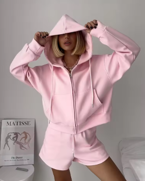 100% Cotton Casual Shorts Two Piece Set Spring Women Hooded Long Sleeved Sweatshirt+High Waist Drawstring Shorts Female Outfit