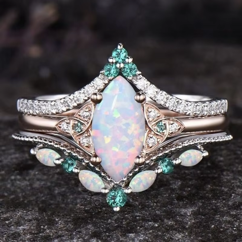 European and American Fashion Inlaid Horse Eye Australian Treasure Fire Color Three Piece Women's Ring Set