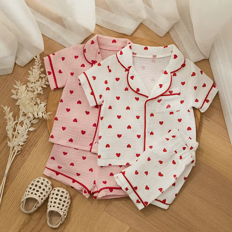 Summer Baby Girl Boy Pajama Set Cotton Linen Button Down Clothes Short Sleeve Heart Print Tops Shorts Kids Loungewear Sleepwear