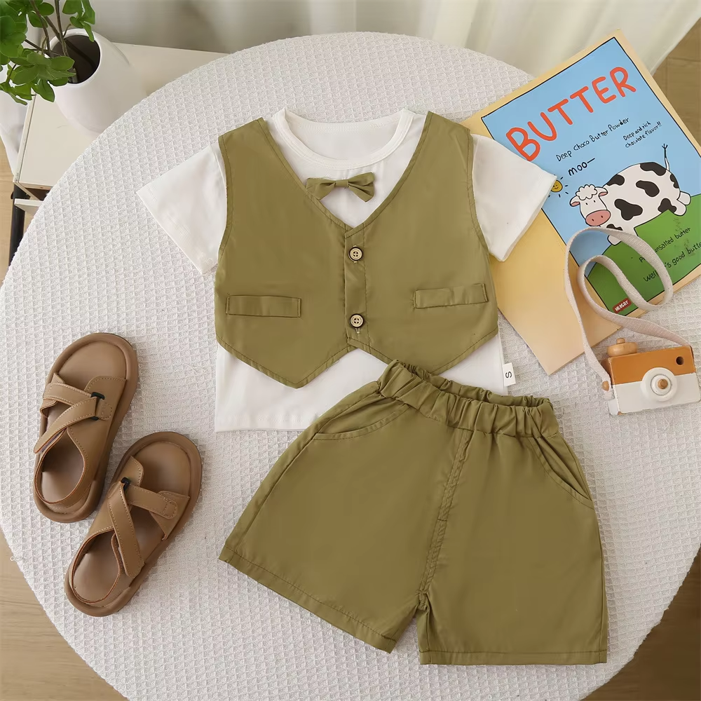 Children's Clothing Sets Infant Baby Boy Summer Outfit Gentleman Short Sleeve Bow Tshirt Shorts 2Pcs Kids Birthday Clothes Set
